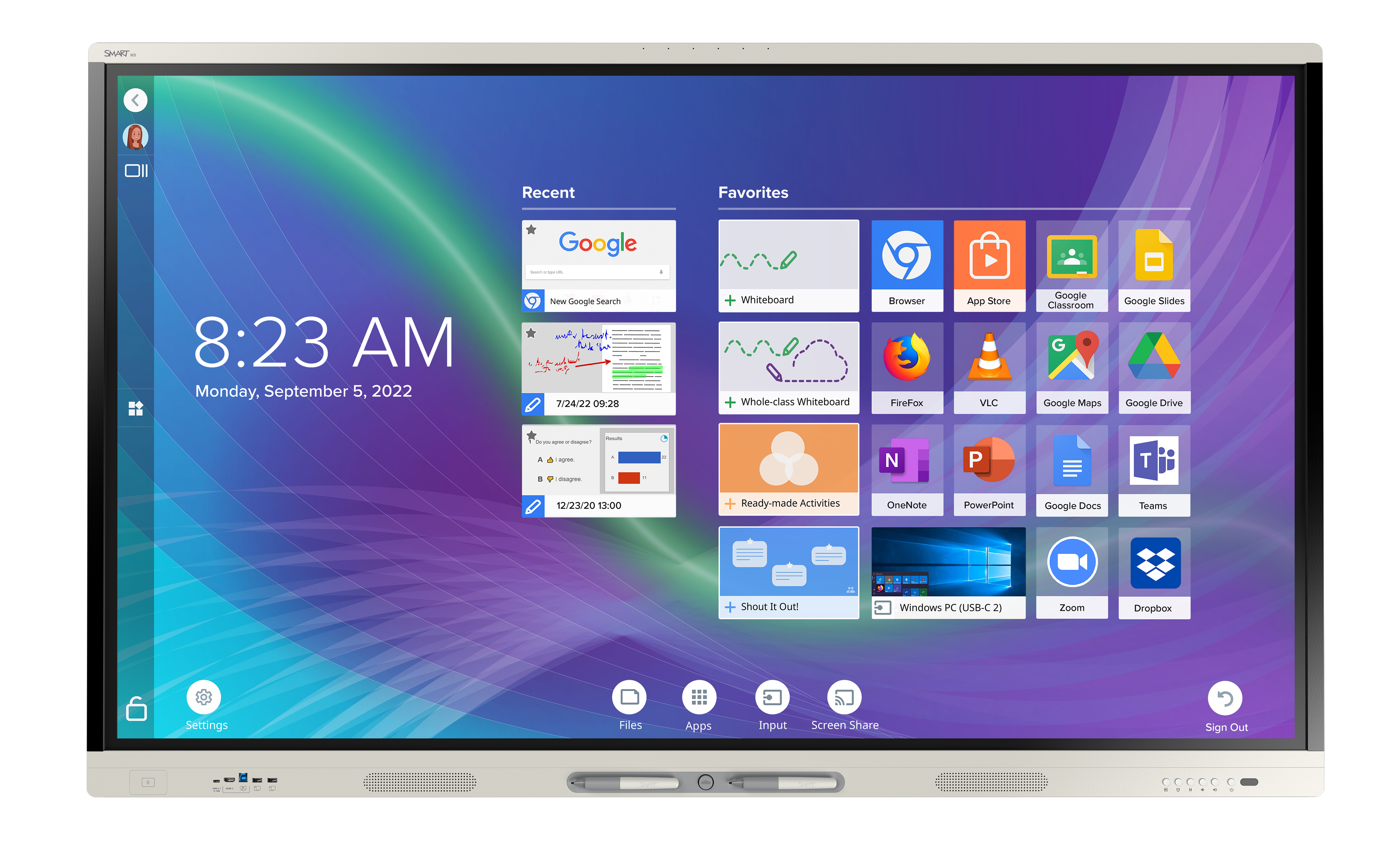 MXV4 iQ home screen Analiza funkcji i zastosowań monitora interaktywnego SMART MX V4 Podłącz monitor i urządzenia perfyferyjne, w okamgnieniu udostępniaj obraz z laptopa, telefonu etc.